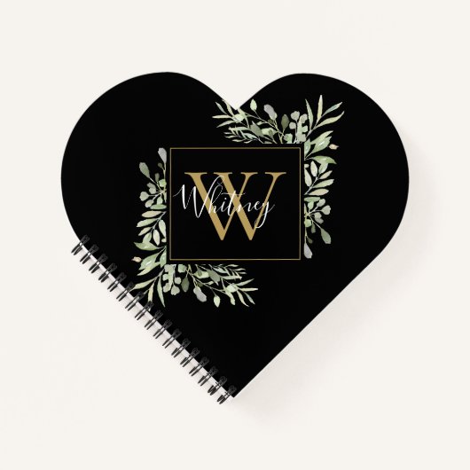 Schwarze Gold Monogram Greenery Notizblock (Vorderseite)