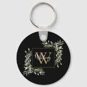 Schwarze Gold Monogram Greenery Schlüsselanhänger (Vorderseite)