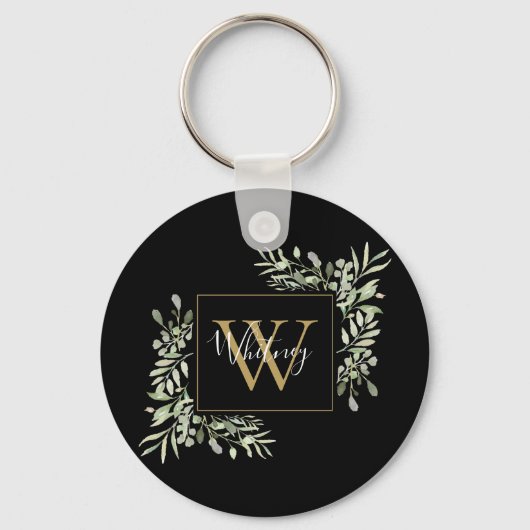 Schwarze Gold Monogram Greenery Schlüsselanhänger (Vorderseite)