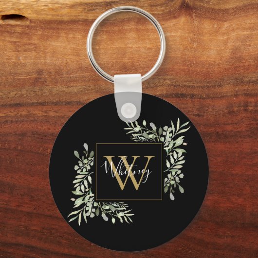Schwarze Gold Monogram Greenery Schlüsselanhänger (Vorderseite)