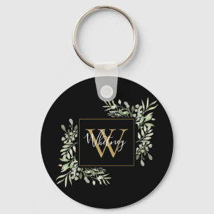 Schwarze Gold Monogram Greenery Schlüsselanhänger