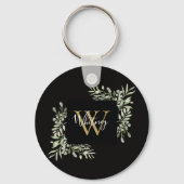 Schwarze Gold Monogram Greenery Schlüsselanhänger (Rückseite)