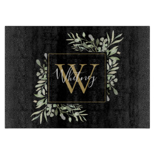 Schwarze Gold Monogram Greenery Schneidebrett