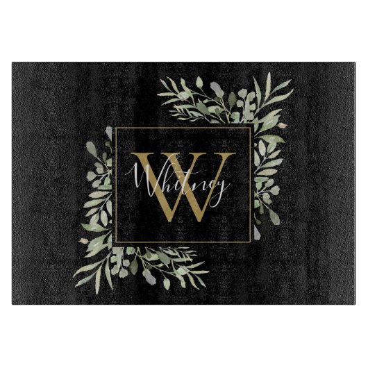 Schwarze Gold Monogram Greenery Schneidebrett (Vorderseite)