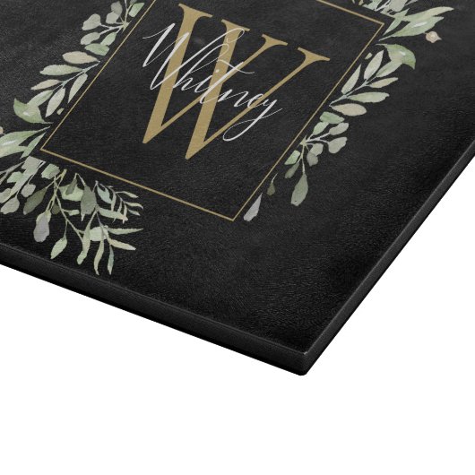 Schwarze Gold Monogram Greenery Schneidebrett (Ecke)