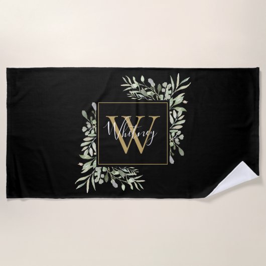 Schwarze Gold Monogram Greenery Strandtuch (Vorderseite)