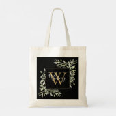 Schwarze Gold Monogram Greenery Tragetasche (Rückseite)