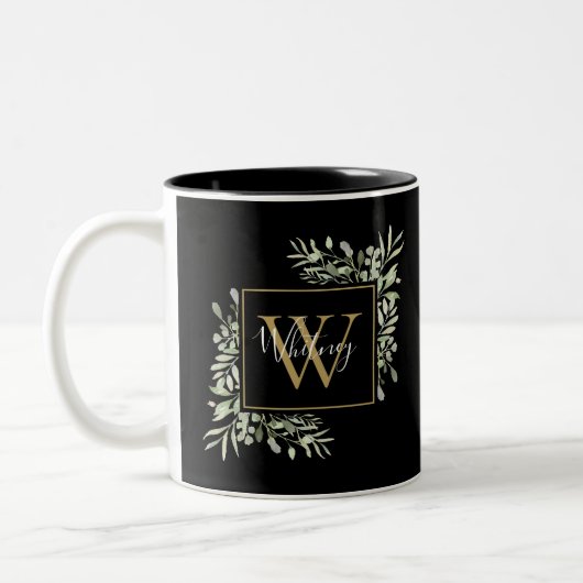 Schwarze Gold Monogram Greenery Zweifarbige Tasse (Links)