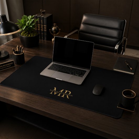Schwarze Gold Monogram Name Initials Beruflich Schreibtischunterlage
