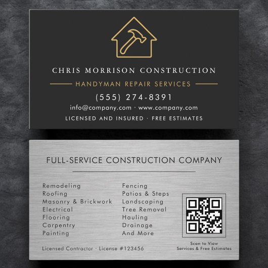 Schwarze Gold-QR-Code-Metall-Handwerker-Bau- Visitenkarte