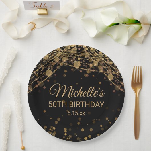 Schwarze Gold-Schnurlichter Glitter Erwachsener Ge Pappteller (Hochzeit)