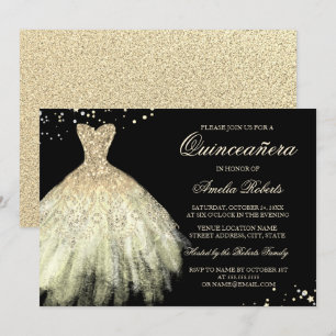 Schwarze Gold-Sparkling-Kleid Quinceanera-Einladun Einladung