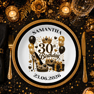 Schwarze Gold-Sparkling-Konfetti 30er-Party-Teller Pappteller