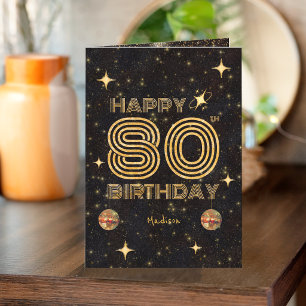 Schwarze Gold tanzende Disco-Kugel 80. Geburtstag Karte