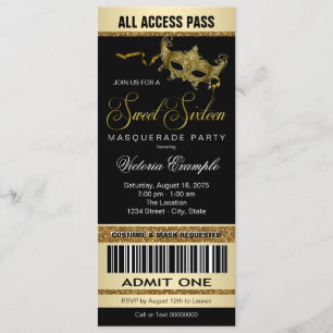 Schwarze Gold-Ticket-Style-Süße-16-Masquerade-Part Einladung