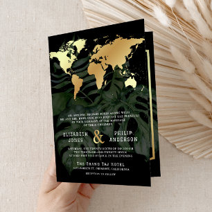 Schwarze Gold-Tropen-Reiseziel-Weltkarte Hochzeit Einladung