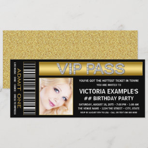 Schwarze Gold-VIP-Pass-Ticket-Geburtstagsfeier Einladung