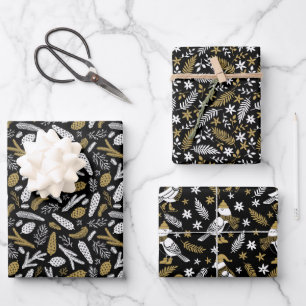 Schwarze Gold Winter Botanik Vögel Weihnachten Geschenkpapier Set