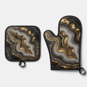 Schwarze Goldachat-Geode Luxus-Marmor Ofenhandschuh & Topflappen-Set