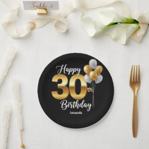 Schwarze Goldballons 30. Geburtstagsplatte Pappteller