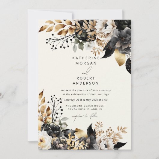 Schwarze Goldblumenhochzeit Einladung (Vorderseite)