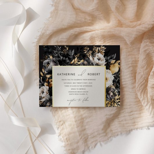 Schwarze Goldblumenhochzeit Folieneinladung