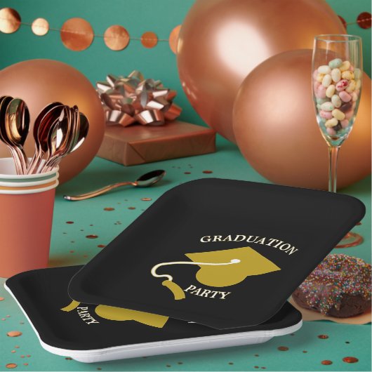 Schwarze Goldene Abschlussfeier Papier Teller (Multi)