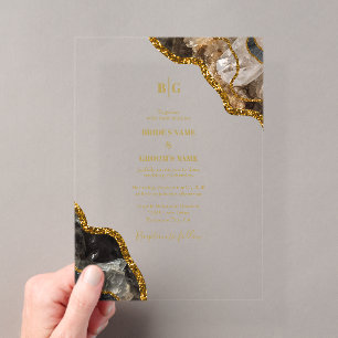 Schwarze & Goldene Achat-Geode Glitter-Hochzeit Kl Acryleinladungen