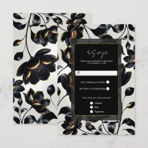 Schwarze & goldene Blumengreige elegante Hochzeits RSVP Karte