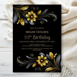 Schwarze goldene Blumenparty zum 55. Geburtstag Einladung