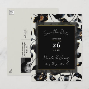 Schwarze & Goldene Blumige Beige Hochzeit Termin v Ankündigungspostkarte
