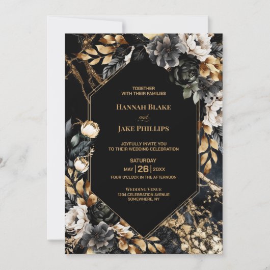 Schwarze goldene Blüte in einer geometrischen Hoch Einladung (Vorderseite)