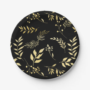 Schwarze & goldene botanische Glamour-Hochzeitsfei Pappteller