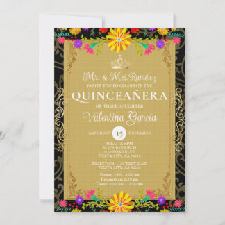 Schwarze goldene bunte Blumen Geburtstags-Quinceañ Einladung