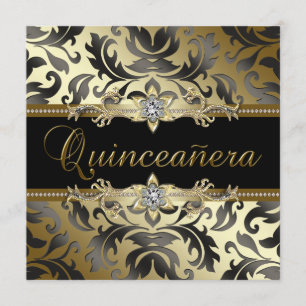 Schwarze Goldene Damast Quinceanera Einladungen