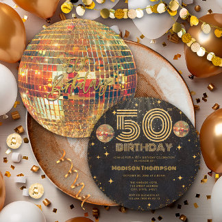Schwarze Goldene Disco-Kugel zum 50. Geburtstag Einladung