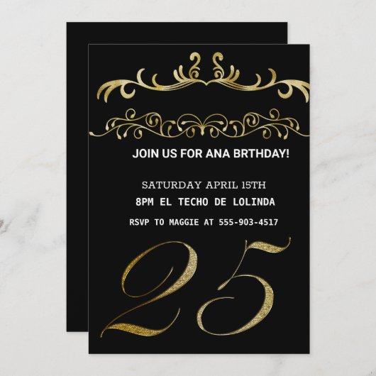SCHWARZE GOLDENE ELEGANTE EINLADUNG FÜR IHREN GEBU (Vorne/Hinten)