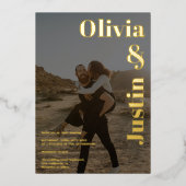 Schwarze goldene, fette Namen 2 Fotos Hochzeit Folieneinladung (Vorderseite)