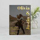 Schwarze goldene, fette Namen 2 Fotos Hochzeit Folieneinladung (Stehend vorne)