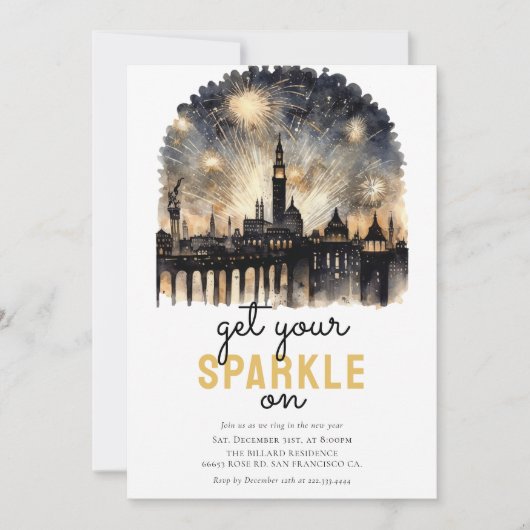 Schwarze goldene Feuerwerke Neujahrsfeier Einladung (Vorderseite)