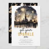 Schwarze goldene Feuerwerke Neujahrsfeier Einladung (Vorne/Hinten)