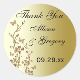 Schwarze, goldene Flora mit Schmetterlingskleber Runder Aufkleber