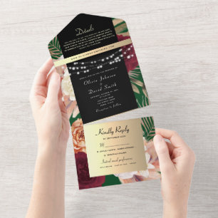 Schwarze Goldene Florale Hochzeit All In One Einladung