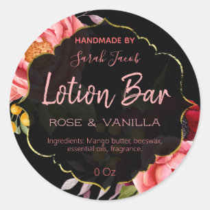 Schwarze Goldene Florale Lotion-Bar-Etiketten Runder Aufkleber