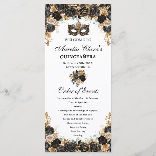 Schwarze Goldene Florale Maskerade-Maske Quinceañe Programm (Vorderseite)