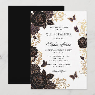 Schwarze goldene florale Schmetterlings-Quinceañer Einladung