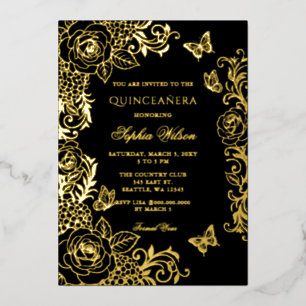 Schwarze Goldene Florale Schmetterlings-Quinceañer Folieneinladung