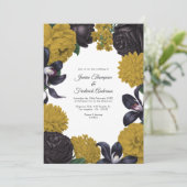 Schwarze & Goldene Foto-/QR-Code-Blumenhochzeit Einladung (Stehend Vorderseite)