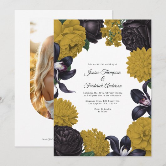 Schwarze & Goldene Foto-/QR-Code-Blumenhochzeit Einladung (Vorne/Hinten)