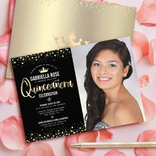 Schwarze Goldene Foto Quinceañera Glitter-Tiara fü Einladung